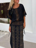 Inrosy ensemble robe géométrique tribal manches chauve souris hauts fendu frange longue jupe femme ethnique décontracté lâche deux pièces