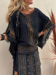 Inrosy ensemble robe géométrique tribal manches chauve souris hauts fendu frange longue jupe femme ethnique décontracté lâche deux pièces