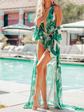 Inrosy couvre-maillot transparent imprimé tropicale feuille mousseline évasée manches 3/4 femme décontracté maillots de bain