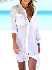 Inrosy couvre-maillot transparent fendu boutonnage col chemise manches retroussées femme décontracté blouse robe