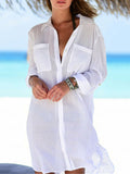 Inrosy couvre-maillot transparent fendu boutonnage col chemise manches retroussées femme décontracté blouse robe