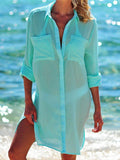 Inrosy couvre-maillot transparent fendu boutonnage col chemise manches retroussées femme décontracté blouse robe