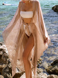Inrosy couvre-maillot transparent irrégulière fluide ceinture manches chauve souris longues femme décontracté de plage