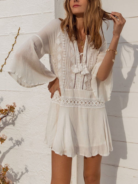 Inrosy couvre-maillot dentelle mousseline v-cou décolleté plongeant manches évasées manches longues femme lâche oversized mini robe