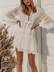 Inrosy couvre-maillot dentelle mousseline v-cou décolleté plongeant manches évasées manches longues femme lâche oversized mini robe