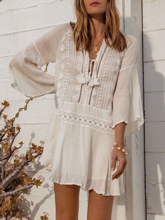 Inrosy couvre-maillot dentelle mousseline v-cou décolleté plongeant manches évasées manches longues femme lâche oversized mini robe