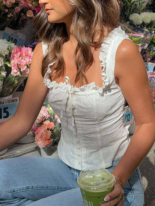 Inrosy débardeur broderie anglaise noeud papillon boutonnage bretelle sans manches femme bohème décontracté doux hauts