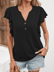 Inrosy t-shirt unicolore à volantée boutonnage v-cou manches courtes femme casual décontracté hauts