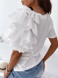 Inrosy t-shirt unicolore coton à volantée col rond volants superposés manches courtes femme casual hauts