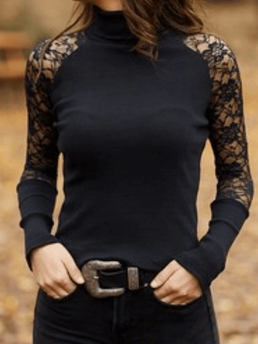 Inrosy hauts blouse dentelle col montant manches raglan manches longues femme élégant mode décontracté automne