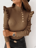 Inrosy pull en maille côtelée unicolore à volantée boutonnage col montant manches longues femme casual élégant mode hauts