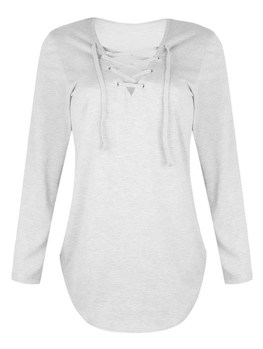 Inrosy hauts unicolore avec à lacets v-cou manches longues femme casual mode ample décontracté tops