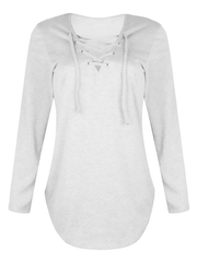 Inrosy hauts unicolore avec à lacets v-cou manches longues femme casual mode ample décontracté tops