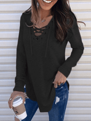Inrosy hauts unicolore avec à lacets v-cou manches longues femme casual mode ample décontracté tops