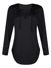 Inrosy hauts unicolore avec à lacets v-cou manches longues femme casual mode ample décontracté tops