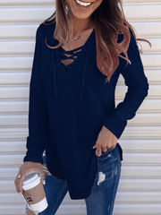 Inrosy hauts unicolore avec à lacets v-cou manches longues femme casual mode ample décontracté tops