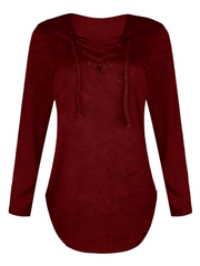 Inrosy hauts unicolore avec à lacets v-cou manches longues femme casual mode ample décontracté tops