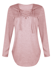 Inrosy hauts unicolore avec à lacets v-cou manches longues femme casual mode ample décontracté tops