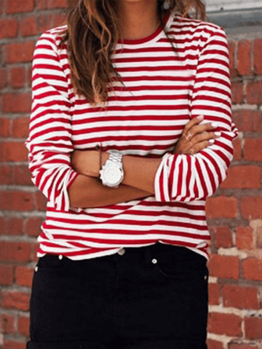 Inrosy hauts rayé coton col rond manches longues femme casual mode décontracté blouse