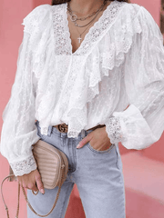Inrosy blouse à pois dentelle v-cou col bénitier manches longues femme casual bohème décontracté