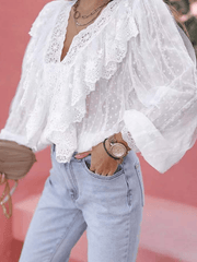 Inrosy blouse à pois dentelle v-cou col bénitier manches longues femme casual bohème décontracté
