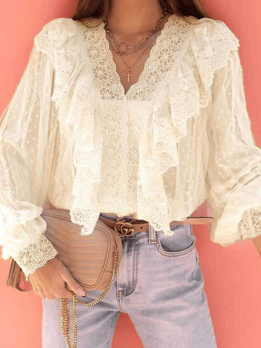 Inrosy blouse à pois dentelle v-cou col bénitier manches longues femme casual bohème décontracté