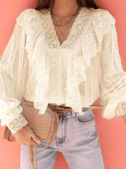 Inrosy blouse à pois dentelle v-cou col bénitier manches longues femme casual bohème décontracté
