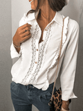 Inrosy chemise unicolore dentelle boutonnage col chemise manches longues femme doux élégant boho mode blouse