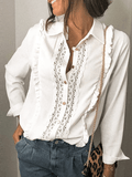 Inrosy chemise unicolore dentelle boutonnage col chemise manches longues femme doux élégant boho mode blouse