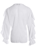 Inrosy chemise unicolore mousseline à volantée boutonnage v-cou manches longues femme élégant mode blouse hauts