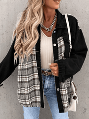 Inrosy veste en jean carreaux boutonnage poches col chemise manches longues femme style boyfriend oversized surchemise