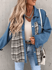 Inrosy veste en jean carreaux boutonnage poches col chemise manches longues femme style boyfriend oversized surchemise