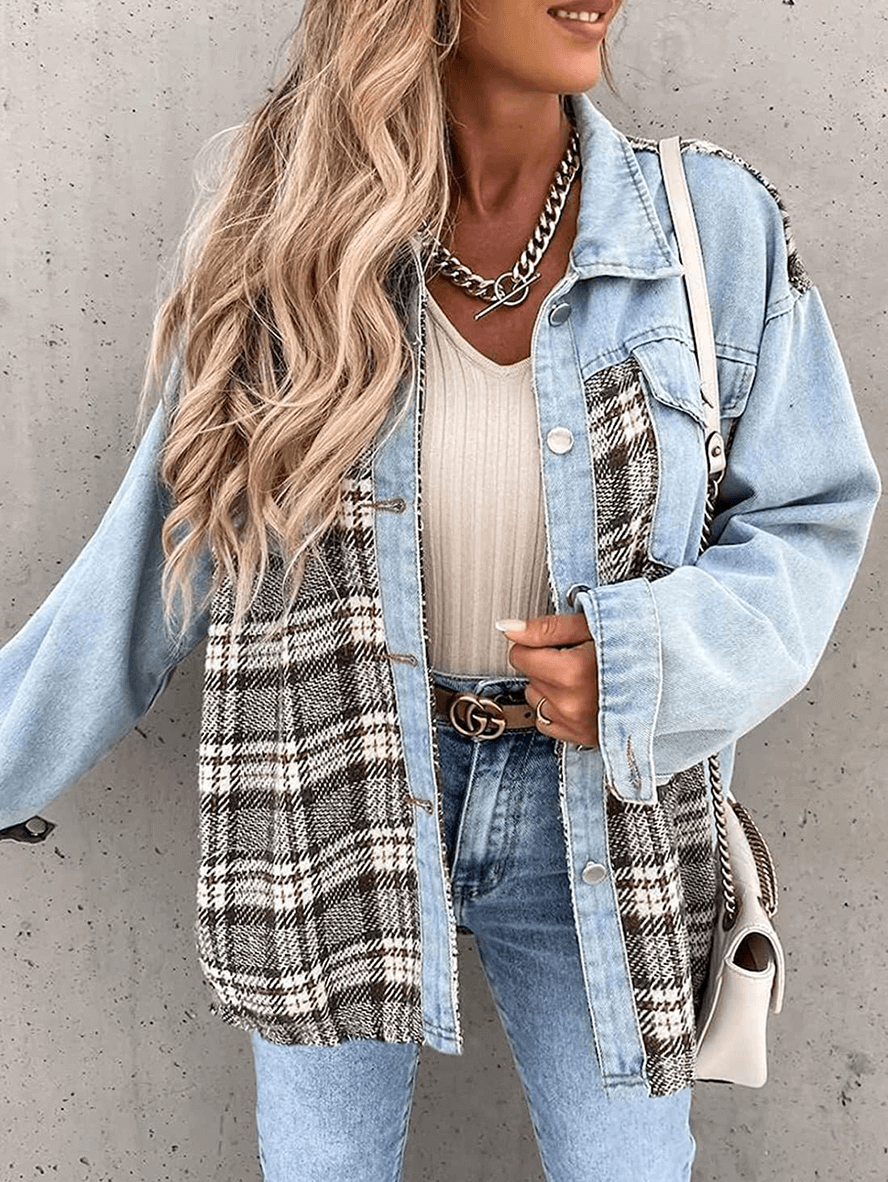 Inrosy veste en jean carreaux boutonnage poches col chemise manches longues femme style boyfriend oversized surchemise