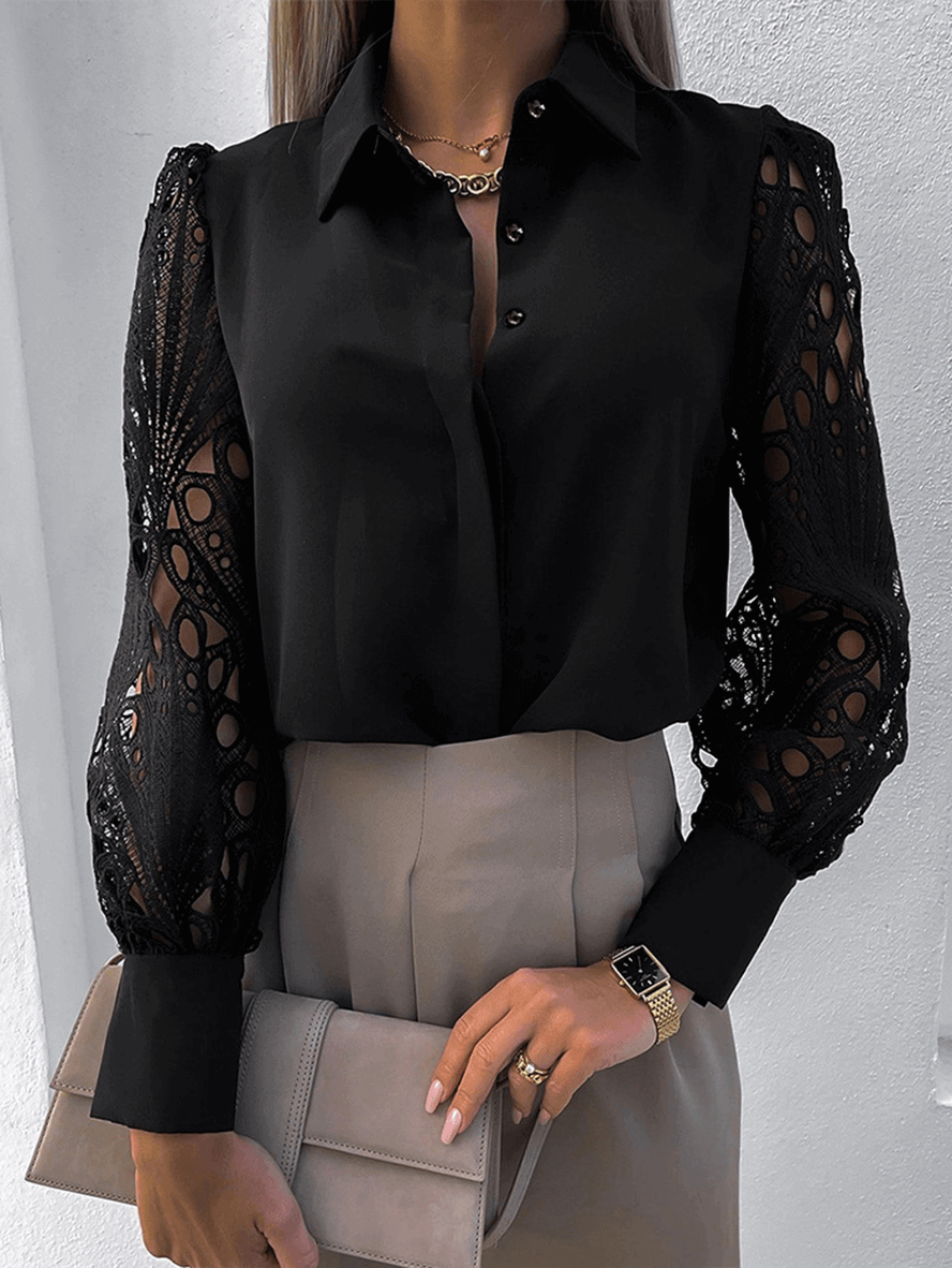 Inrosy chemisier dentelle boutonnage col chemise manches longues femme élégant mode décontracté blouse