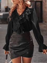 Inrosy chemise à volantée boutonnage v-cou col jabot manches évasées manches longues femme doux élégant mode blouse