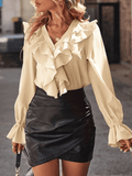 Inrosy chemise à volantée boutonnage v-cou col jabot manches évasées manches longues femme doux élégant mode blouse