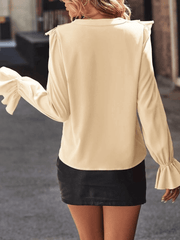 Inrosy chemise à volantée boutonnage v-cou col jabot manches évasées manches longues femme doux élégant mode blouse
