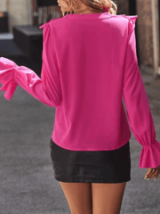 Inrosy chemise à volantée boutonnage v-cou col jabot manches évasées manches longues femme doux élégant mode blouse