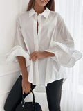 Inrosy chemise boutonnage col chemise volantée manches trompette élégant mode oversized blouse hauts
