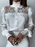 Inrosy chemise dentelle boutonnage col montant manches bishop manches longues femme médiévale élégant vintage blouse