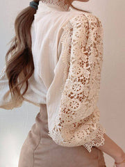 Inrosy blouse fleurie dentelle broderie anglaise boutonnage col montant manches longues femme doux élégant chemisier style tailleur