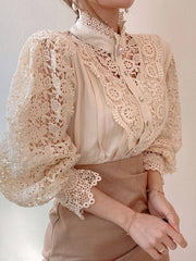 Inrosy blouse fleurie dentelle broderie anglaise boutonnage col montant manches longues femme doux élégant chemisier style tailleur