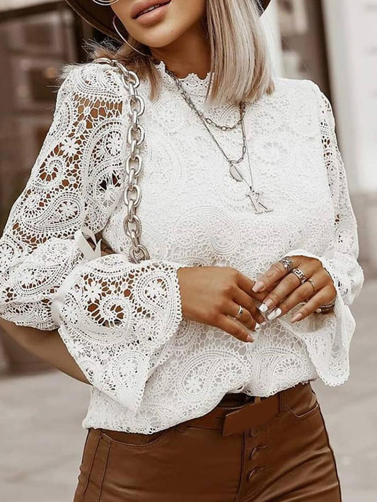 Inrosy blouse en dentelle col cheminée manches longues femme casual élégant simple mode décontracté hauts