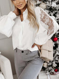 Inrosy blouse dentelle boutonnage col revers manches bishop manches longues femme casual élégant oversized décontracté