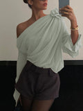 Inrosy blouse fleurie mousseline tulle une épaule manches longues femme casual doux élégant mode décontracté t-shirts