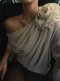 Inrosy blouse fleurie mousseline tulle une épaule manches longues femme casual doux élégant mode décontracté t-shirts