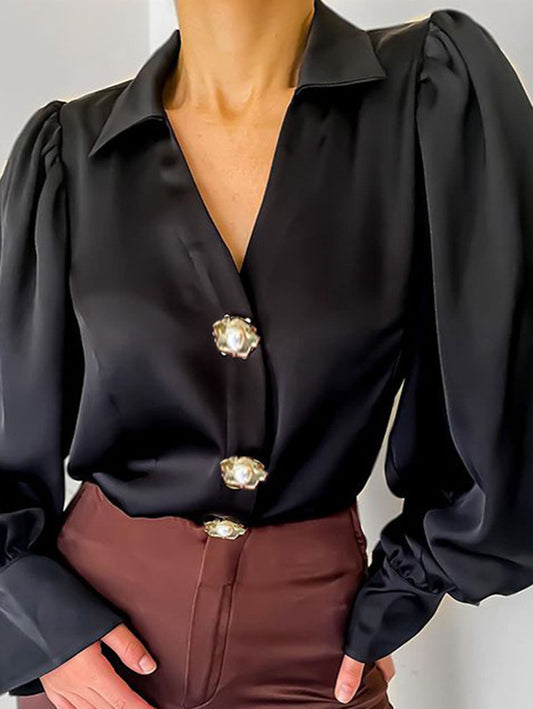 Inrosy blouse boutons v-cou manches longues femme casual élégant mode lâche ample décontracté chemise