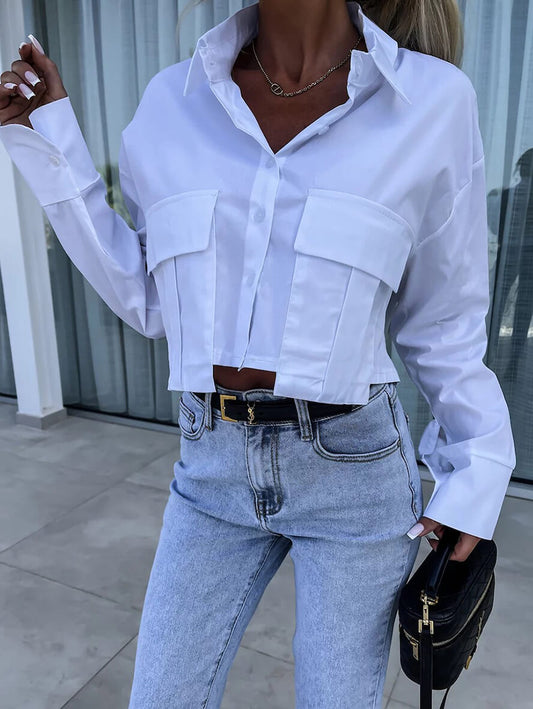 Inrosy courte blouse boutonnage poches col chemise manches chauve souris manches longues femme casual lâche décontracté