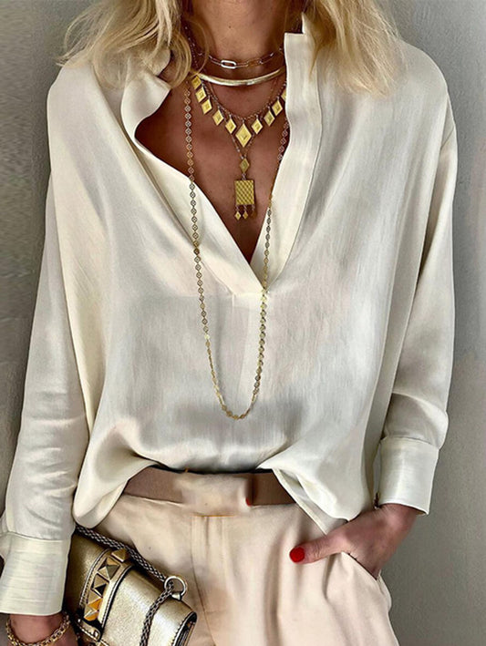 Inrosy blouse unicolore en lin col cheminée v-cou manches longues femme casual style tailleur décontracté