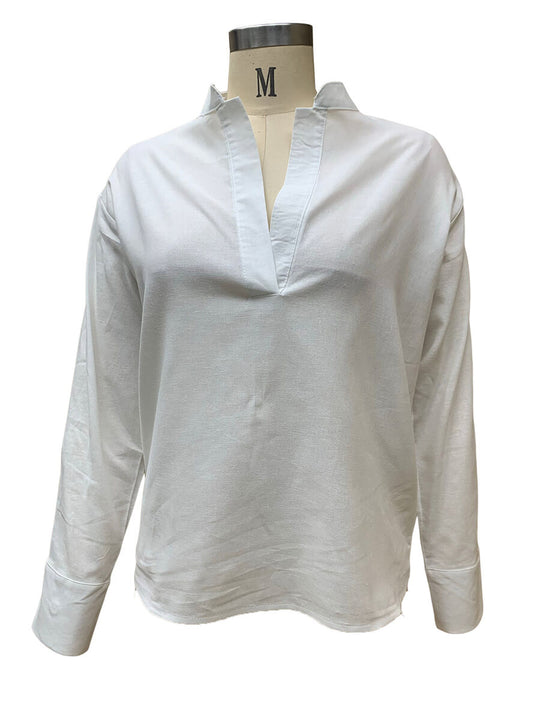 Inrosy blouse unicolore en lin col cheminée v-cou manches longues femme casual style tailleur décontracté